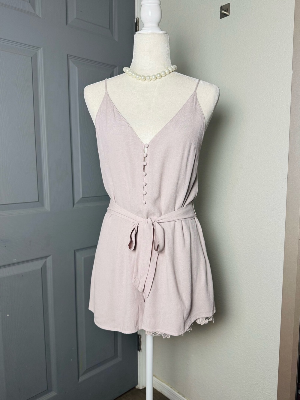 Blush Pink Lace Trim Romper Button Front Tie Waist V-Neck Cami